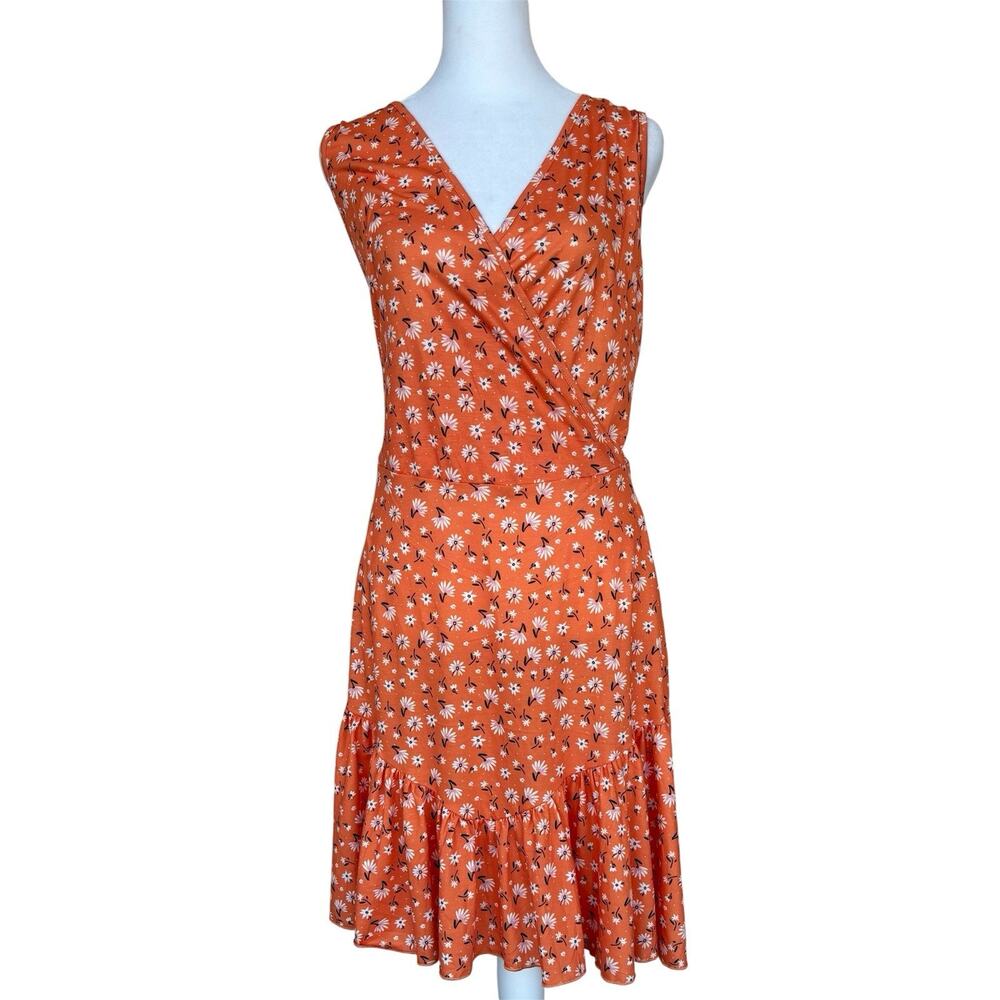Fensace Orange Floral Ruffle Mini Dress Sleeveless Wrap V-Neck Sz XL Tropical